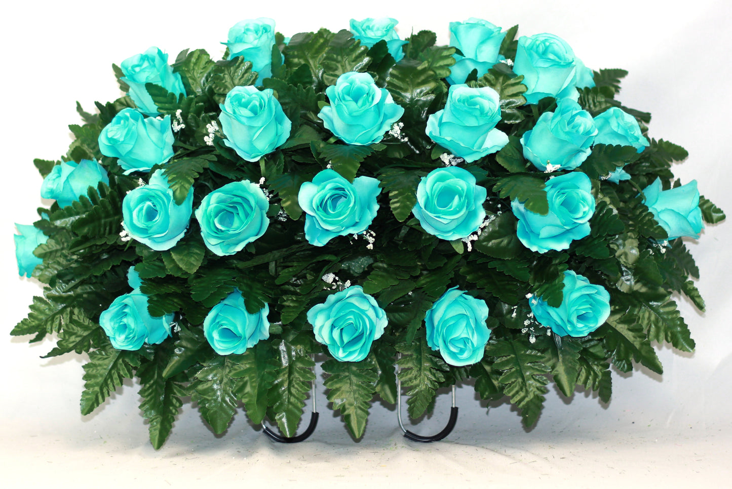 XL Handmade Turquoise Open Roses Cemetery Headstone Saddle Arrangement-Grave Decorations