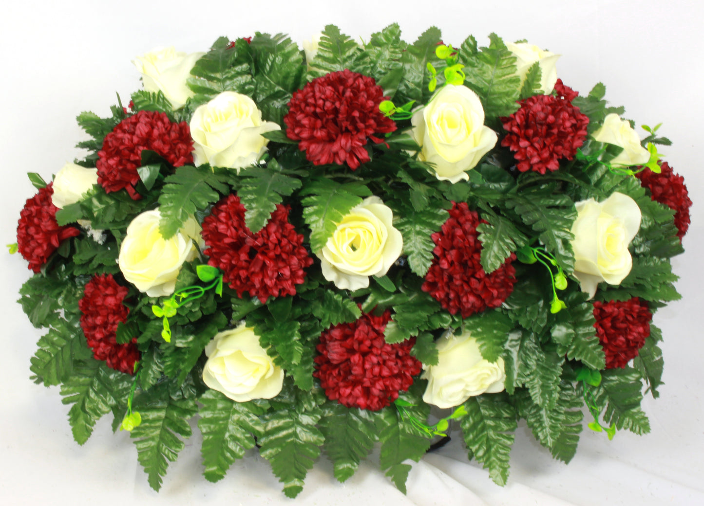 XL Handmade Burgundy and Cream Roses Headstone Saddle Cemetery Arrangement-Grave Decorations