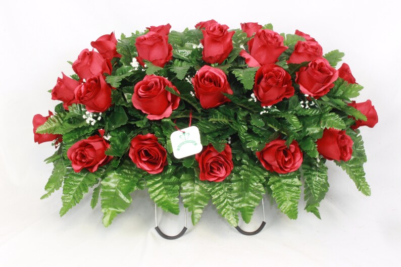 XL Handmade Fall Red Open Roses Cemetery Headstone Saddle Arrangement-Grave Decorations