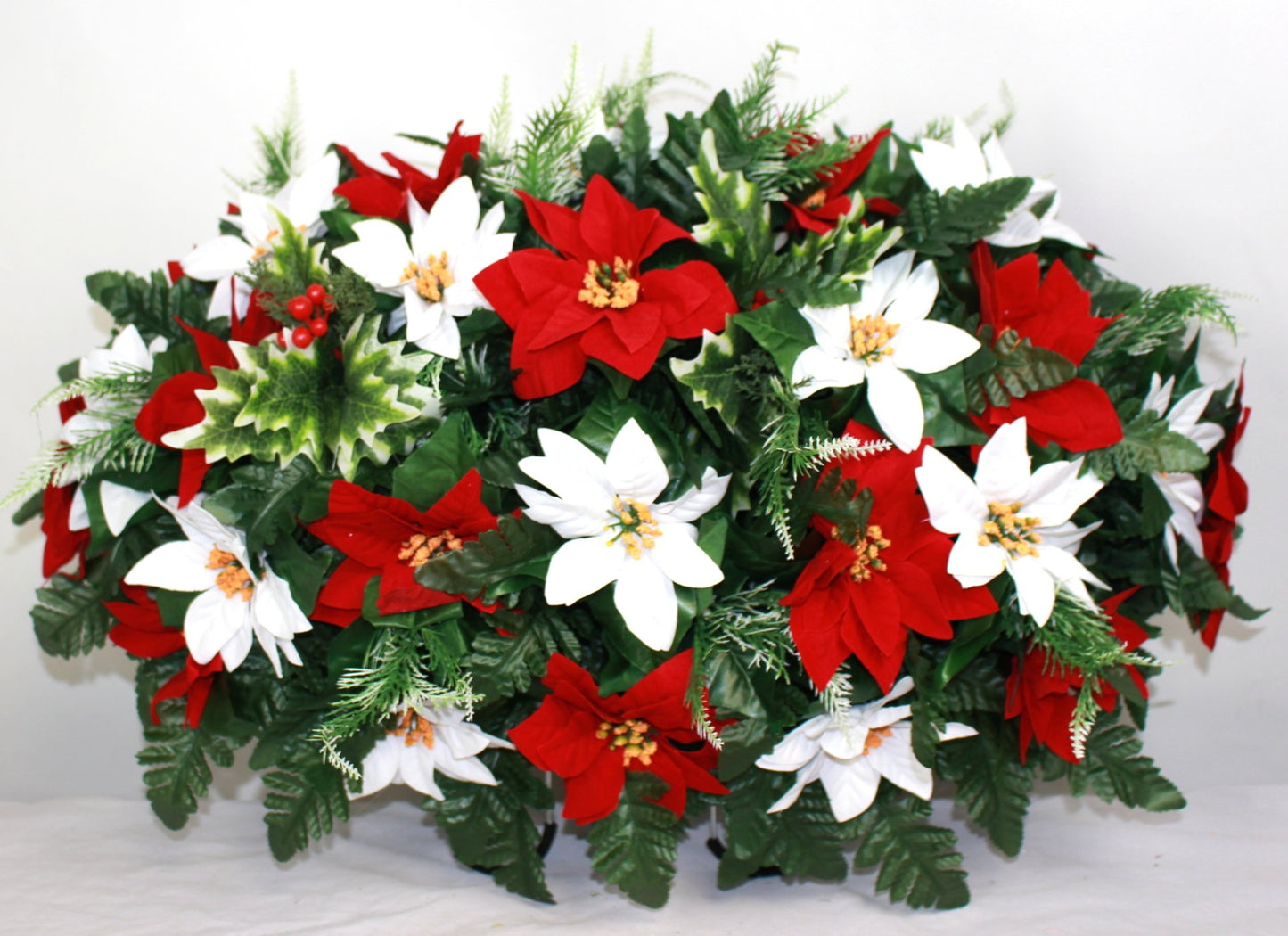 XL Handcrafted Christmas Red and White Poinsettia's Cemetery Flower Arrangement-Cemetery Headstone Saddle