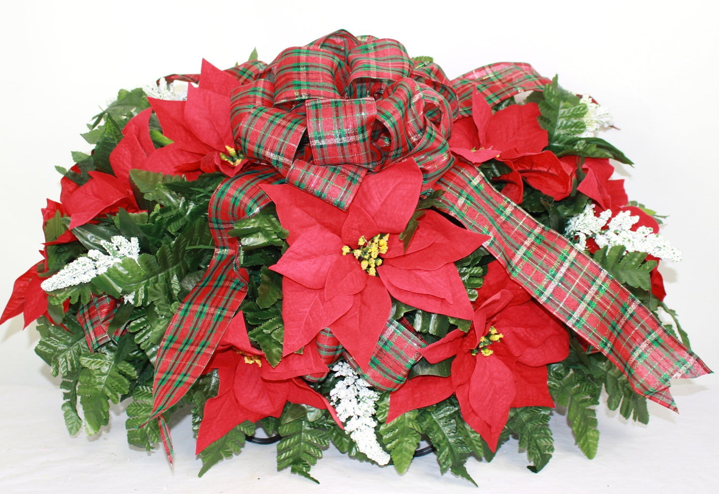 XL Handcrafted Christmas Red Poinsettia's Cemetery Flower Arrangement-Cemetery Headstone Saddle