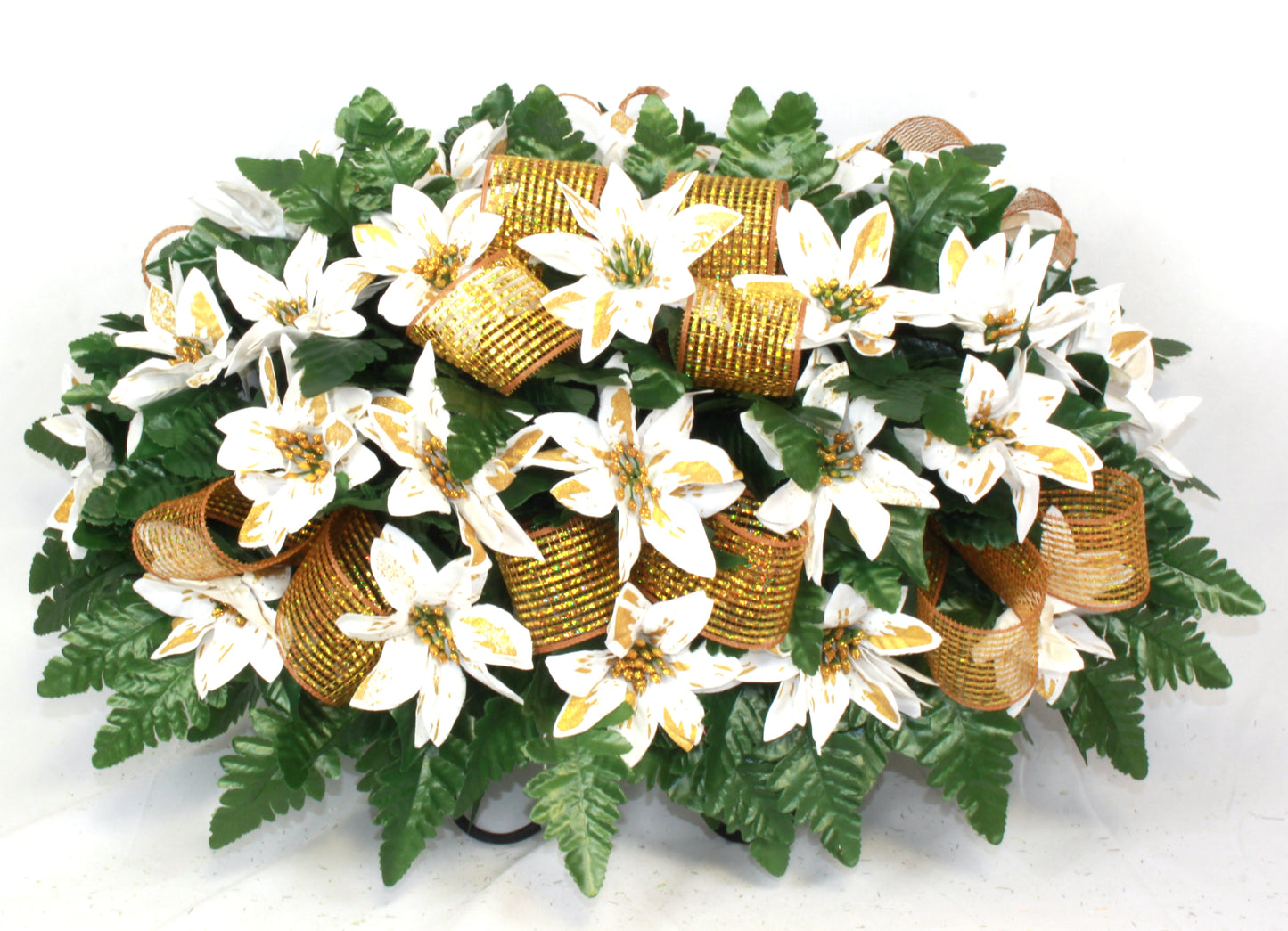 XL Handcrafted Christmas White with Gold Trim Poinsettia's Cemetery Flower Arrangement-Cemetery Headstone Saddle