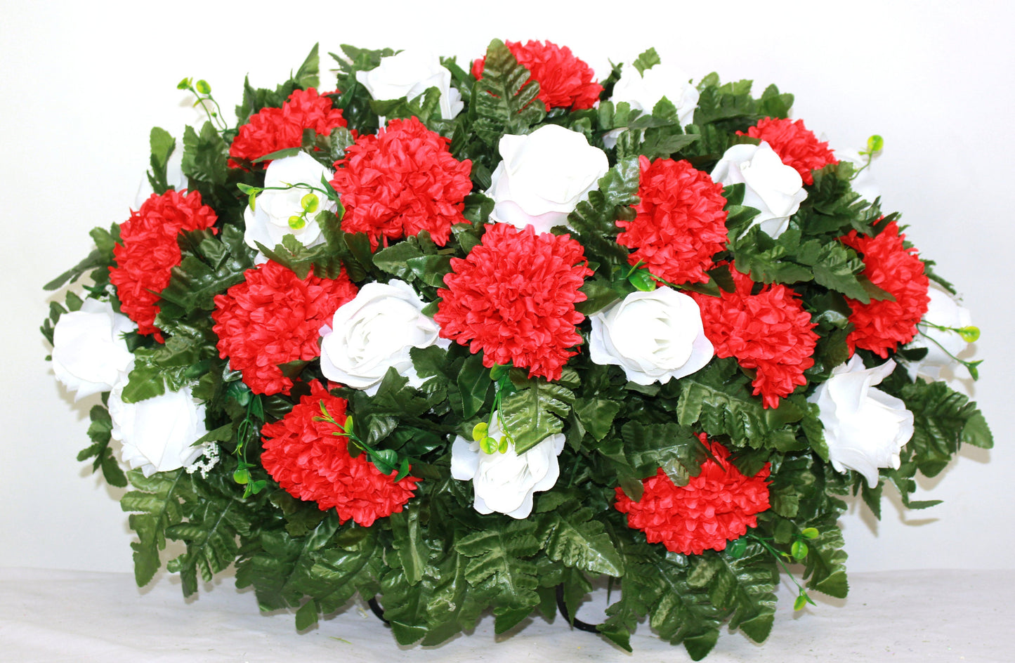 XL Handmade White Roses and Red Carnations Cemetery Headstone Saddle Arrangement-Grave Decorations