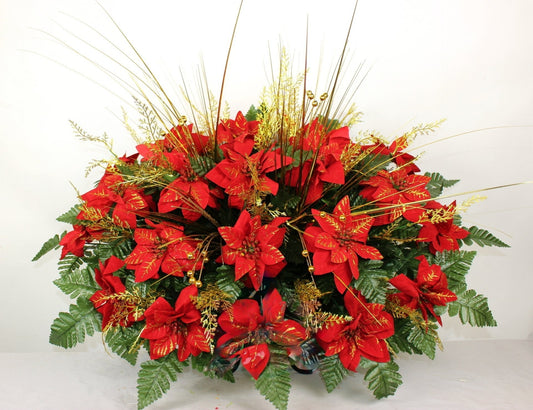 XL Handcrafted Christmas Red Poinsettia's Cemetery Flower Arrangement-Cemetery Headstone Saddle