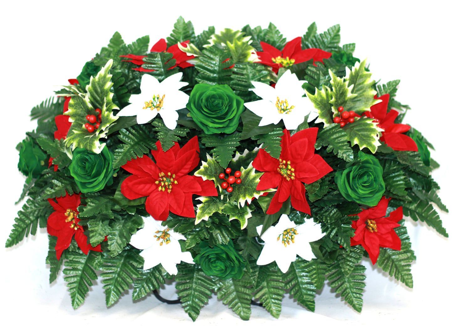 XL Handcrafted Christmas Poinsettia's and Green Roses Cemetery Flower Arrangement-Cemetery Headstone Saddle