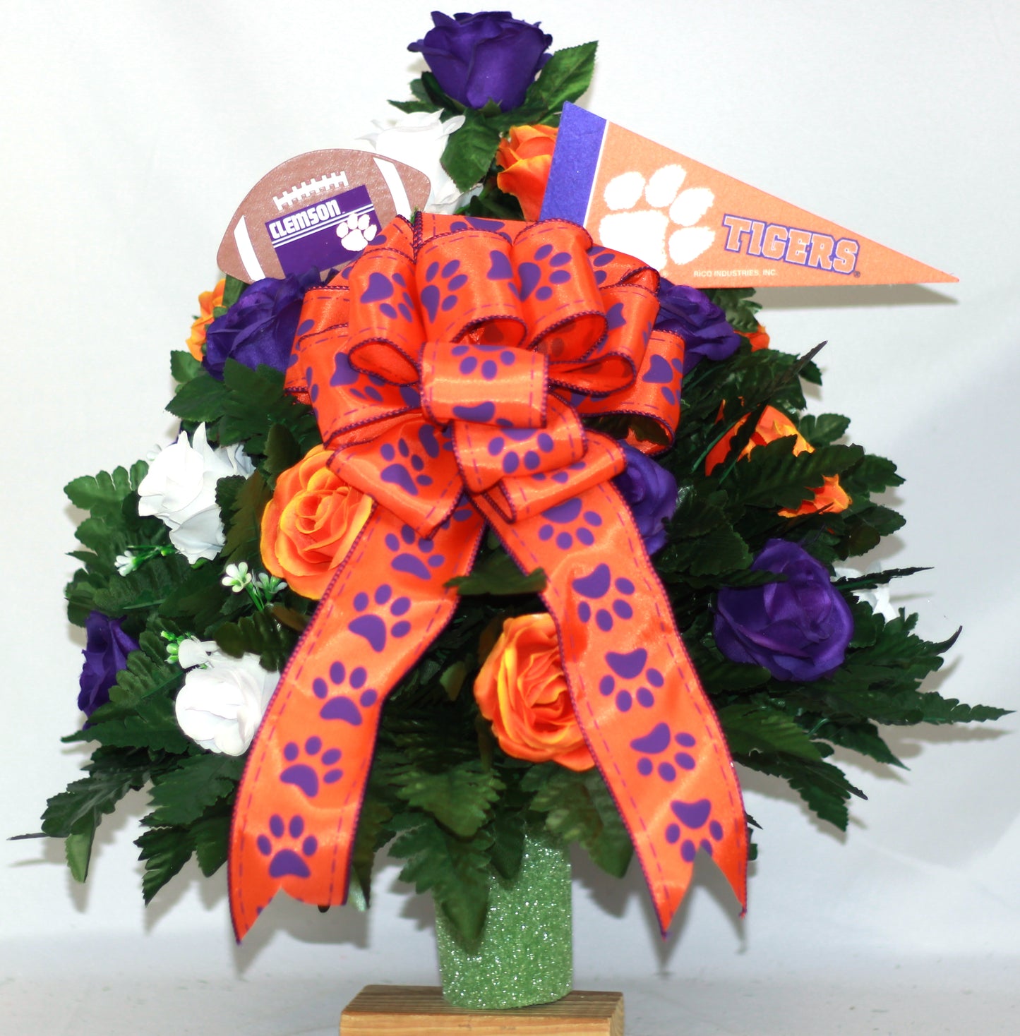 XL Clemson Fan Handmade 360-Degree Cemetery Vase Silk Flower Arrangement