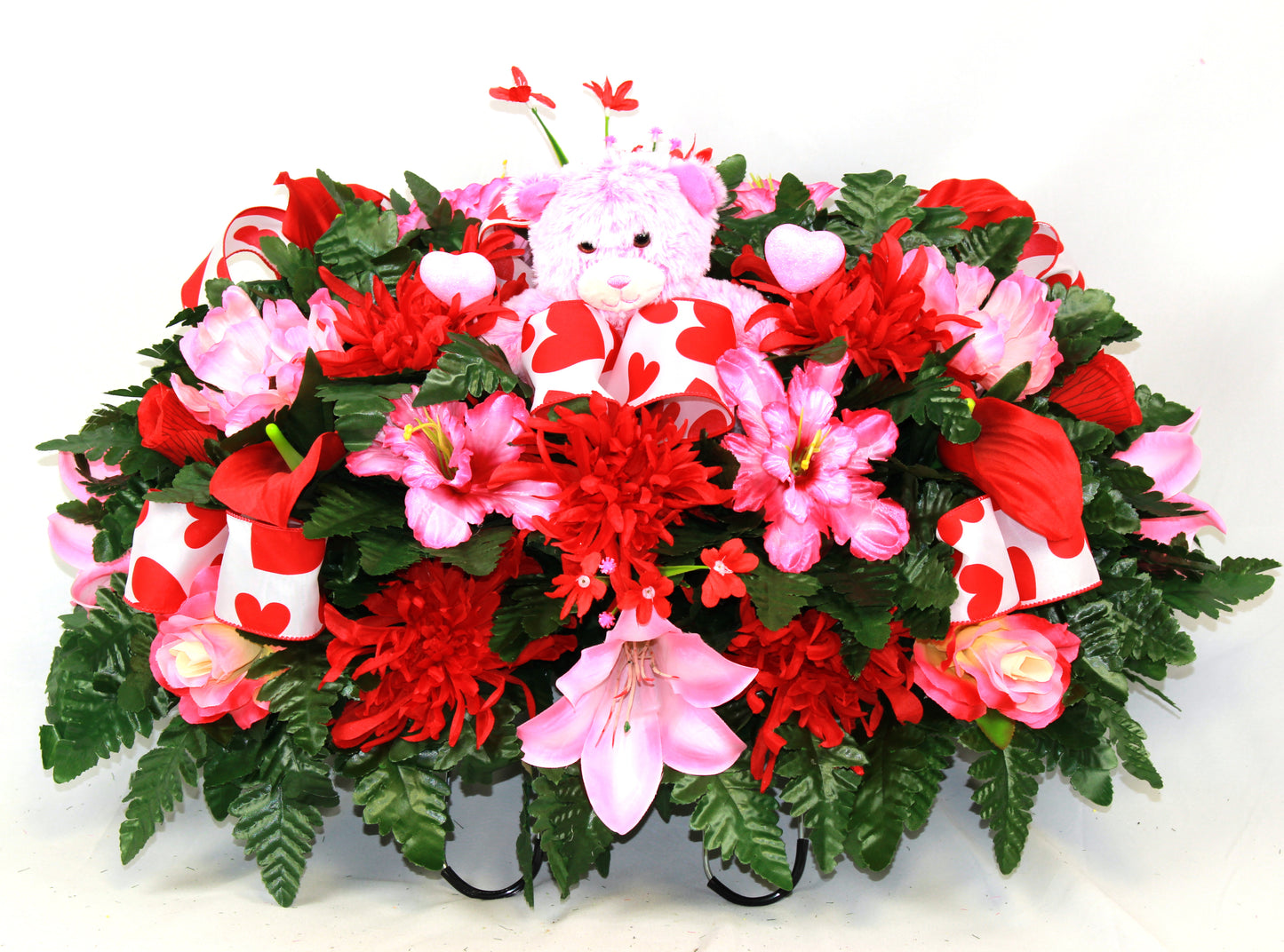 XL Handmade Valentine's Day Spring Mixture Cemetery Headstone Saddle Arrangement-Grave Decorations