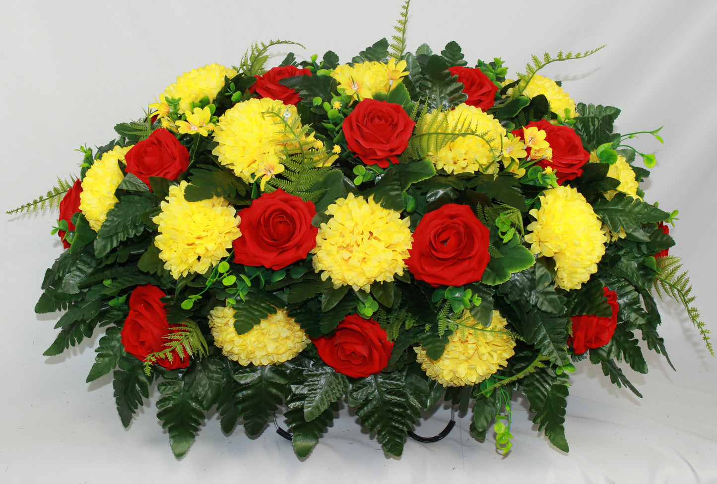 XL Handmade Fall Red Velvet Roses and Yellow Carnations Headstone Saddle Arrangement-Grave Decorations