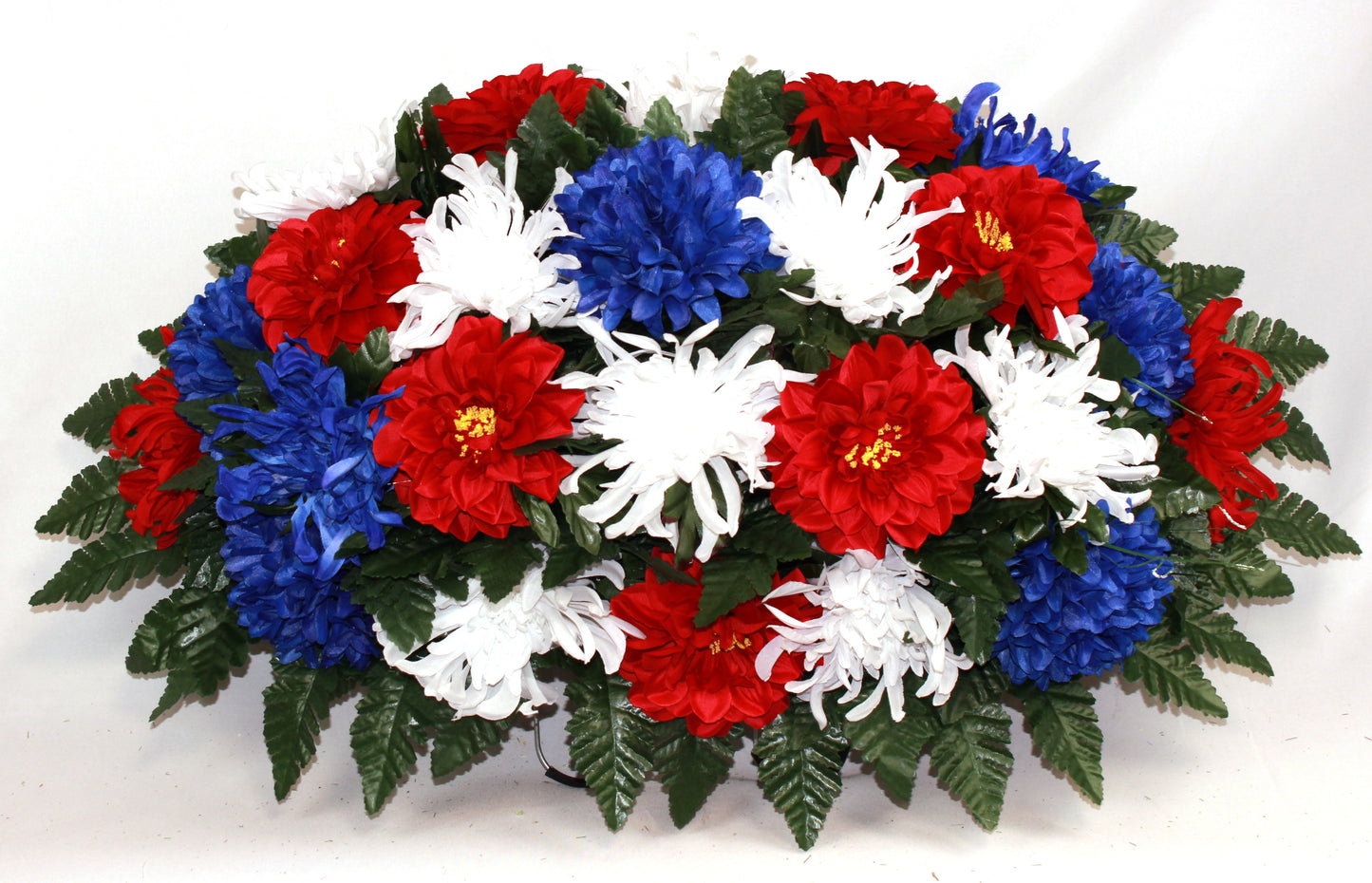 XL Handcrafted Red, White and Blue Patriotic Mixture Cemetery Flower Arrangement-Cemetery Headstone Saddle