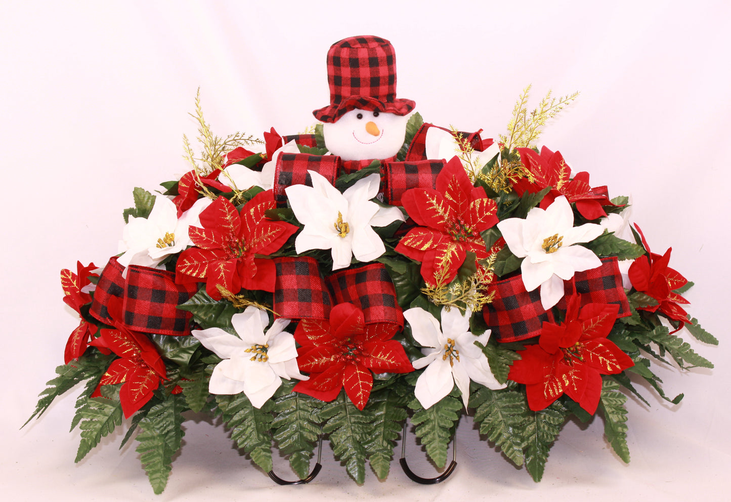 XL Handcrafted Christmas Red and White Poinsettia's Cemetery Flower Arrangement-Cemetery Headstone Saddle