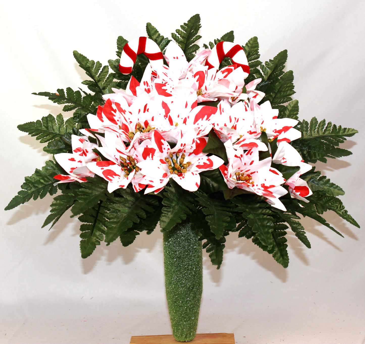 Handcrafted Peppermint Poinsettia Cemetery Arrangement - Memorial & Grave Flowers