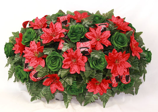 XL Handcrafted Christmas Poinsettia's and Green Roses Cemetery Flower Arrangement-Cemetery Headstone Saddle