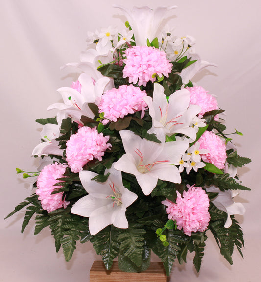 XL Handcrafted 360 Degree White Lilies and Pink Carnations Cemetery Vase Flower Arrangement- Cemetery Flower Grave Decorations