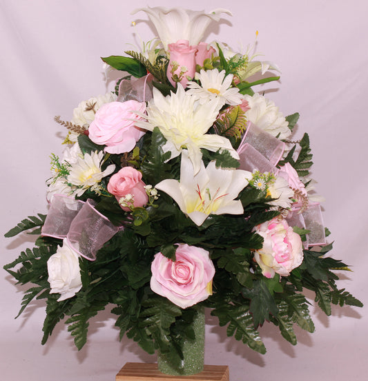 XL Handcrafted 360 Degree Cream Lilies and Pink Roses Cemetery Vase Flower Arrangement- Cemetery Flower Grave Decorations