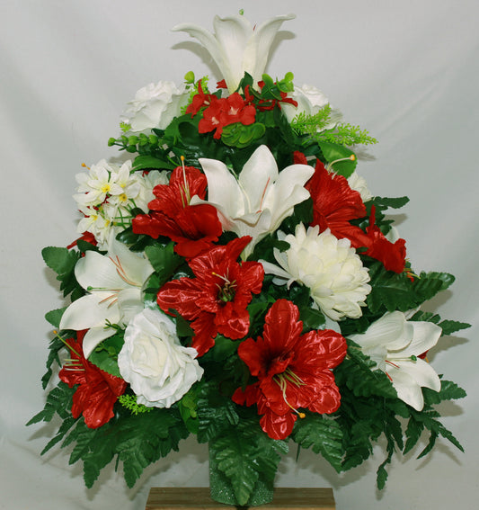 XL Handcrafted Cream Lilies and Red Daffodil's Cemetery Vase Arrangement-Grave Decorations