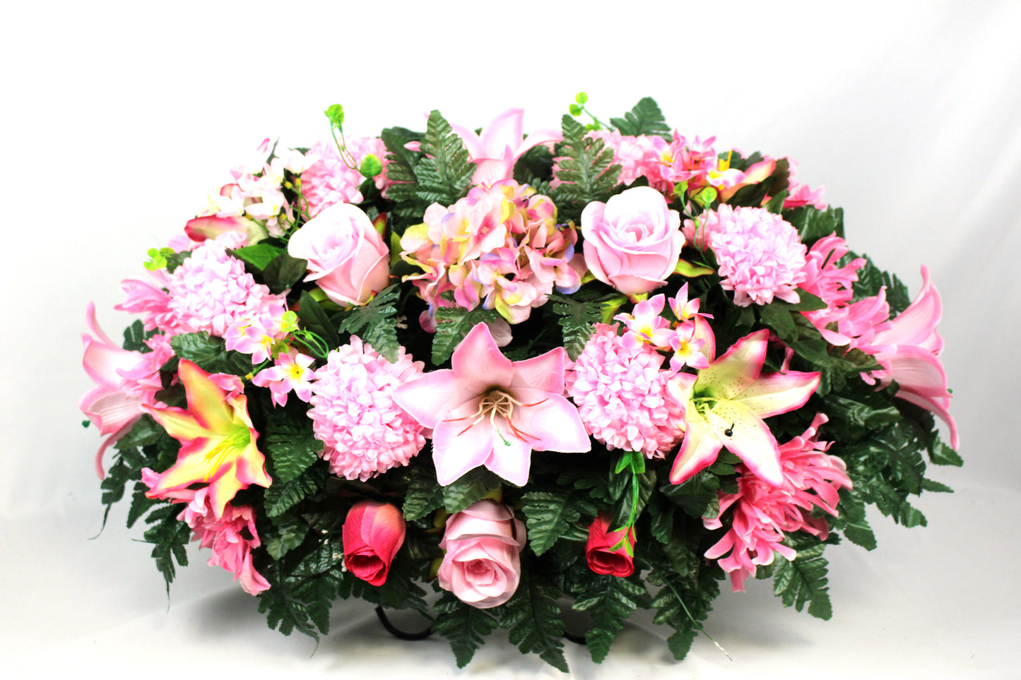 XL Handcrafted Pink Lilies and Pink Carnation Cemetery Flower Arrangement-Cemetery Headstone Saddle