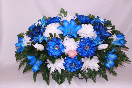 XL Handcrafted Blue Lilies and White Mums Cemetery Flower Arrangement-Cemetery Headstone Saddle