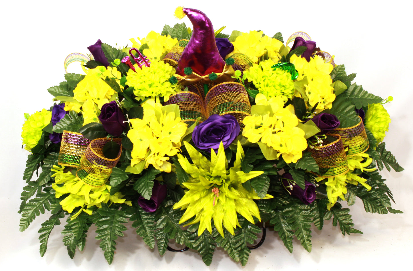 XL Mardi Gras Cemetery Flower Arrangement-Mardi Gras Cemetery Flower Arrangement-Artificial-Cemetery Headstone Saddle