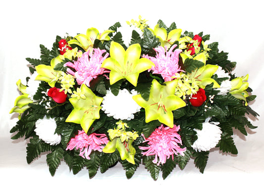 XL Handcrafted Spring Mixture Cemetery Flower Arrangement-Cemetery Headstone Saddle