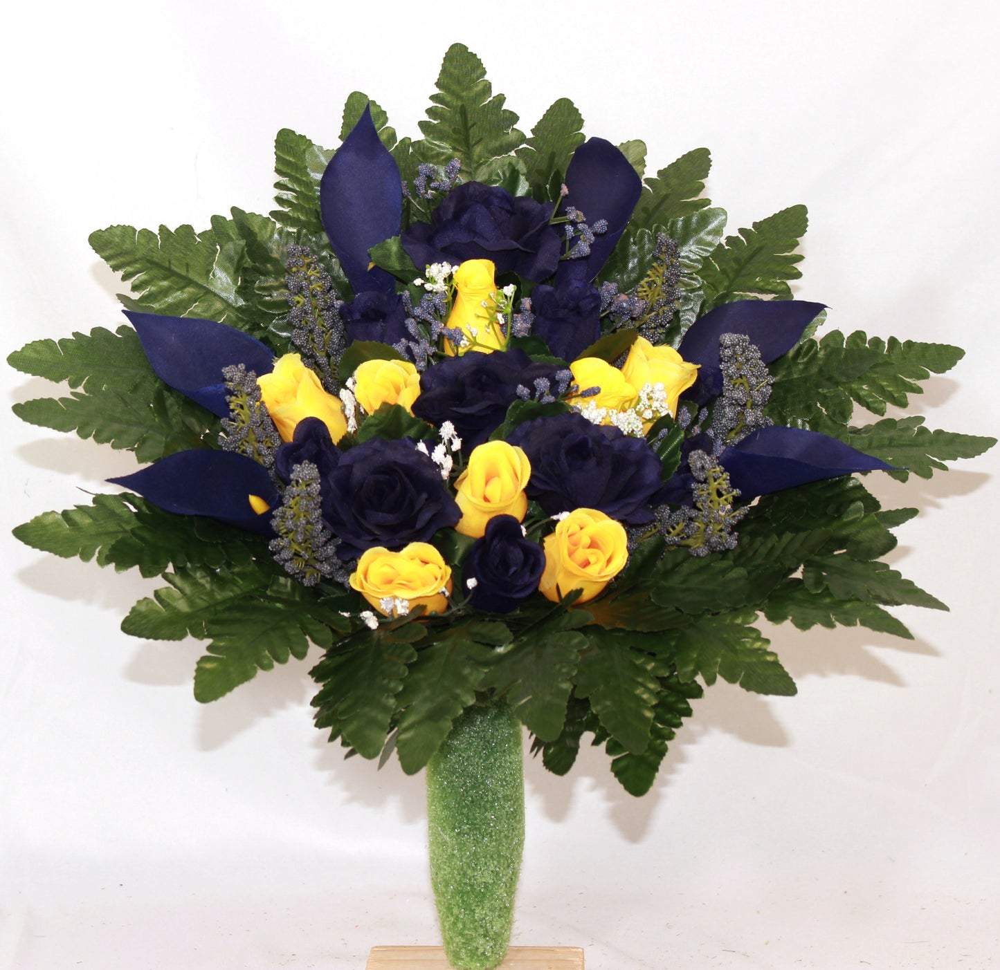 Handcrafted Blue and Yellow Cemetery Flower Arrangement for Mausoleum -Memorial Flowers -Grave Decoration-Urn Arrangement