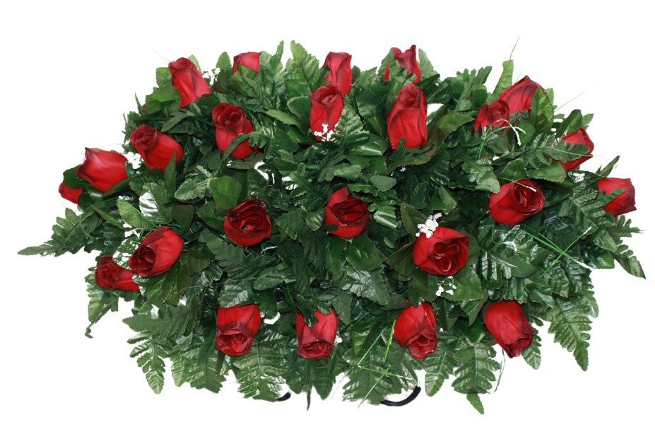 XL Handmade Red Closed Roses Cemetery Headstone Saddle Arrangement-Grave Decorations