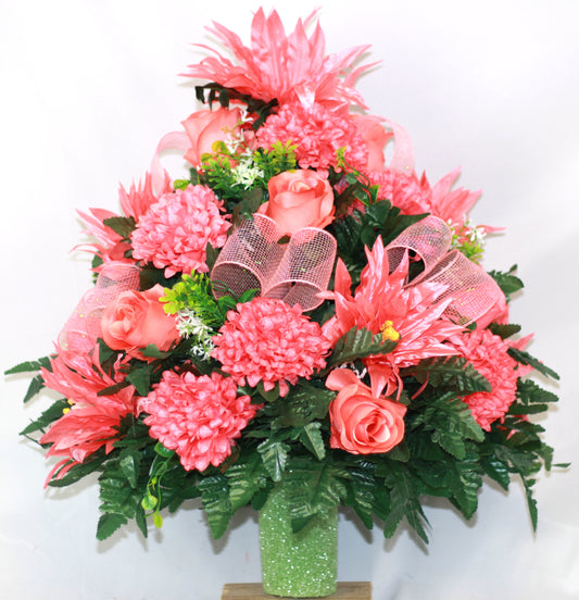 XL Handcrafted 360 Degree Coral Spring Mixture Cemetery Vase Flower Arrangement- Cemetery Flower Grave Decorations